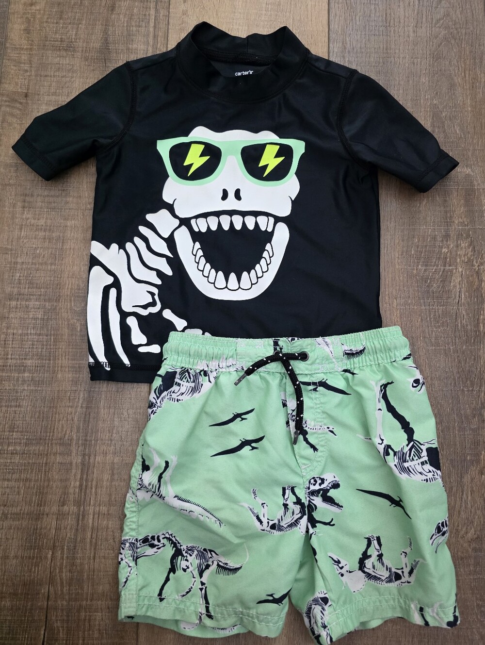 Carter's Black Skeleton Rash Guard with Mint Green Dino Swim Shorts - Size 3T